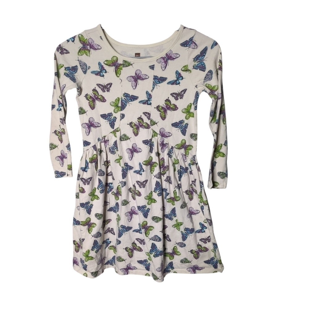Tea Collection Butterfly‎ Dress Ivory Purple Green Long Sleeve Size 8
